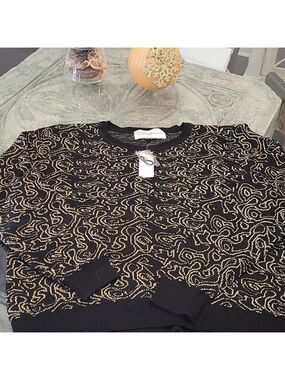 JACLYN Smith Metallic Jacquard Swirl Black Gold Sweater Women Xl